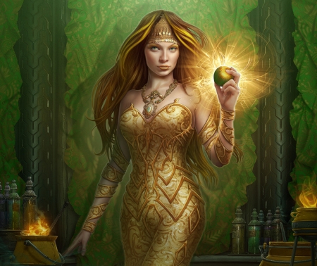 Alchemistres - alchemistres, fantasy, kerem beyit, yellow, luminos, girl, frumusete, green