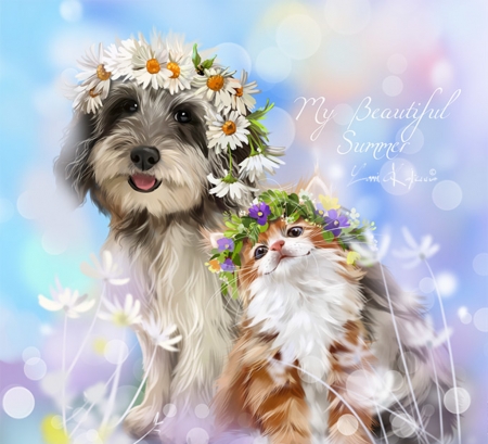 My beautiful summer - cat, summer, wreath, pisica, fantasy, caine, art, dog, lorri kajenna, flower