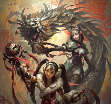 Girls and a dragon - girl, fantasy, xiaoyu wang, dragon