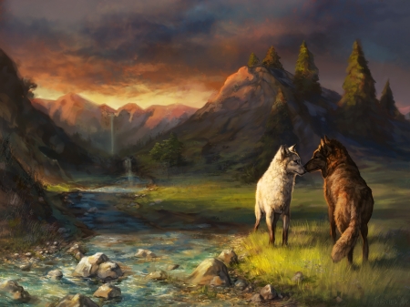 Dusk by the stream - lup, fantasy, tamberella, wolf, couple, luminos