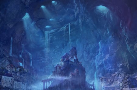 Cave city - cave, fantasy, sergey lameyko, blue, city, luminos