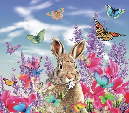 Bunny - easter, fantasy, bunny, spring, butterfly, rabbit, pink, blue, luminos, cute, flower