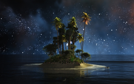 Island - fantasy, summer, island, night, stars, vara, luminos, palm tree