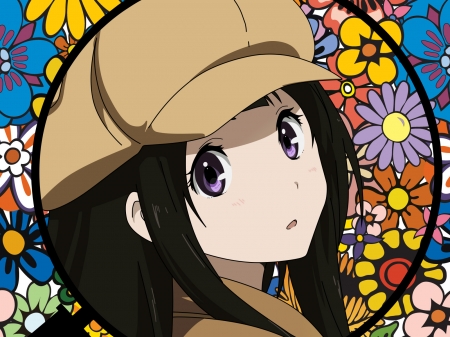 Anime girl - hat, longhair, anime, flowers, animegirl