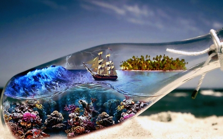 Boat In A Bottle - oceean, ship, beach, animals, island, sand, underwater