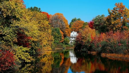 White House Among the Fall Trees - white, nature, autumn, lake, fall, trees, reflection, house