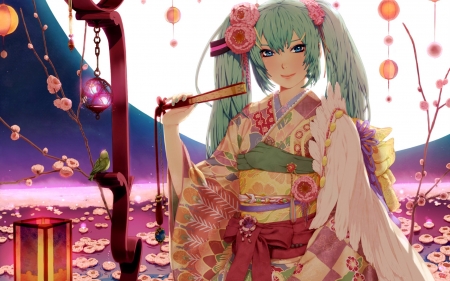 Green Hair And Moon - Moon, Green, Fantasy, Hand Fan, Anime, Hair