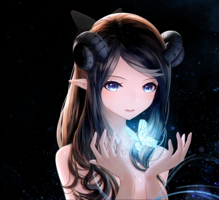 Enchanting Spell - Cute, Sweet, Elf Ear, Enchantress, Lovely, Anime, Airiinine, Beauty, Long Hair, Demon, Amazing, Beautiful, Pretty, Butterfly, Blue Eyes, Girl, Horns, Wonderful, Sparkles