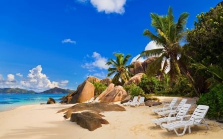 Tropical Beach - trees, beach, resort, sand, rest, stones, palm, chair, tropics, nature, sky