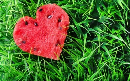 Summer's heart - heart, watermelon, summer, red, green, fruit, grass, vara