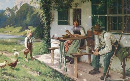 Summer day in front of the house - summer, family, people, emil rau, painting, art