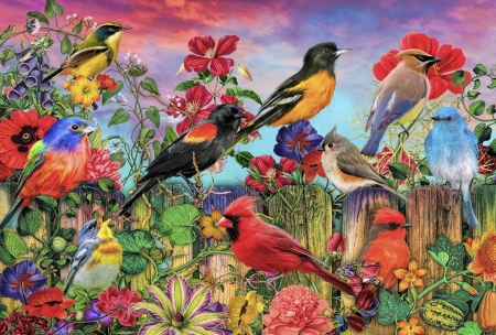 Birds and bloom - art, bloom, colorful, summer, garden, bird