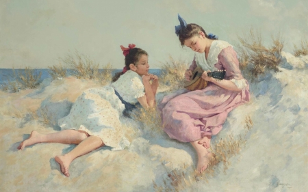 Music in the dunes - vara, girl, guitar, hermaan seeger, summer, instrument, painting, art, pink, sand