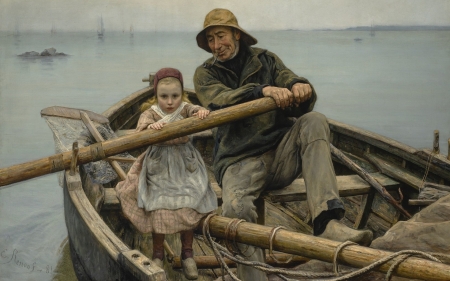 A halping hand - painting, emile renouf, girl, man, copil, child, boat