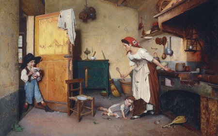 The mask - woman, gaetano chierici, mask, kitchen, mother, funny, painting, art, children