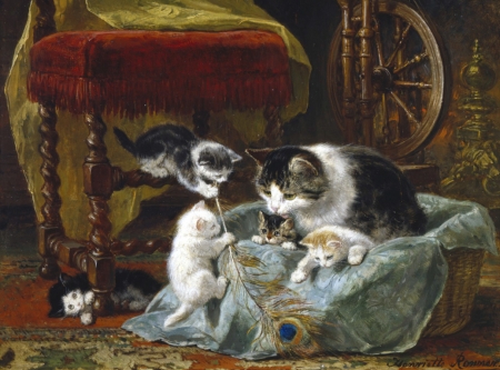 A family of cats - pisica, animal, peacock feather, kitten, cat, painting, henriette ronner knip, art