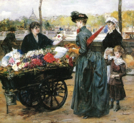 The flower seller - street, flower, seller, painting, girl, woman, art