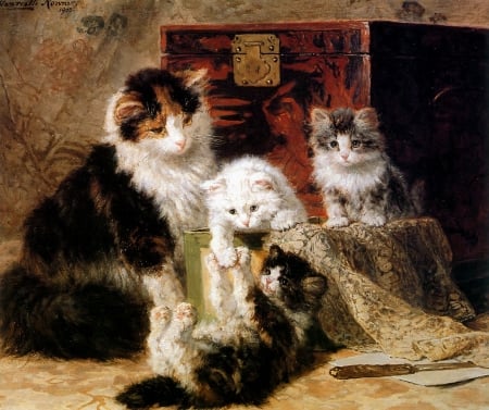 Mother cat with playing kittens - pisica, henriette ronner knip, kitten, painting, cute, art, cat