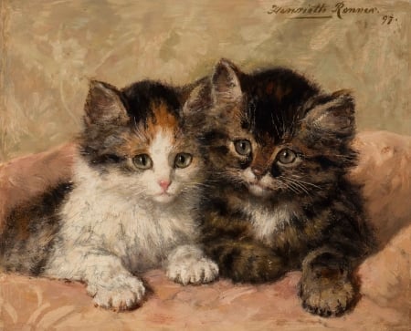 Kittens - pisica, henriette ronner knip, kitten, painting, art, cat