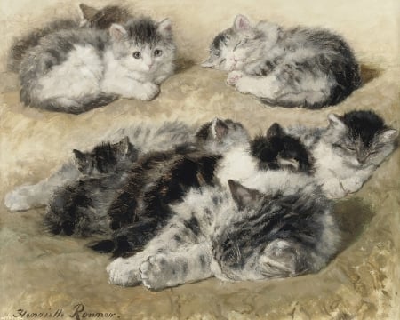 Kittens - pisica, sleep, henriette ronner knip, kitten, painting, art, cat