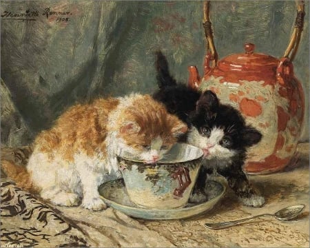 Delicious - milk, cat, pisica, kitten, cup, painting, art, cute, henriette ronner knip