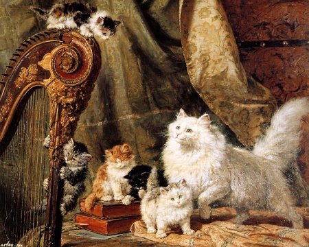 Cats - instrument, pisica, henriette ronner knip, kitten, painting, lira, art, cat