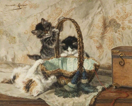 Kittens - painting, art, cat, basket, pisica, henriette ronner knip, kitten