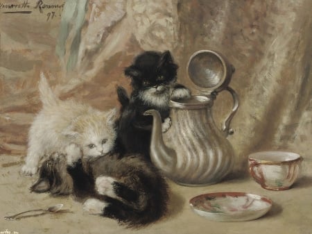 Kittens - painting, art, cat, tea, pisica, henriette ronner knip, kitten, cup