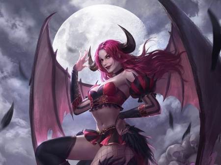 Astaroth - moon, wings, fantasy, horns, red pencil art, pink, luminos, bat, luna, astaroth, demon