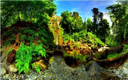 Nature's Paradise - trees, nature, waterfall, green, moss, lake, paradise, forest