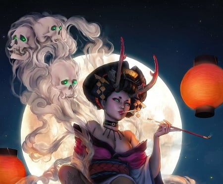 Shikigami Enma - grafik, spirit, onmyoji, girl, luna, blue, white, lantern, shikigami enma, moon, orange, asian