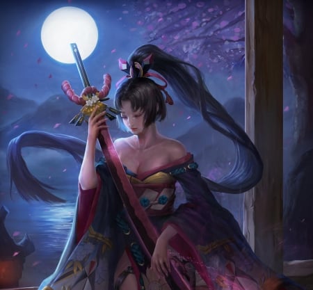 Onmyoji - moon, onmyoji, blue, girl, sword, night, fantasy, white, art, asian, luminos, luna, jianrutam