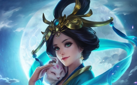 Diao Chan - moon, game, blue, diao chan, girl, bunny, smite, frumusete, fantasy, white, face, asian, luminos, luna