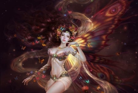 Fairy - girl, wings, frumusete, fantasy, butterfly, meiling, luminos, ruoxin zhang, fairy