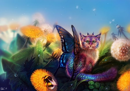 Nostalgia - butterlfy, vara, toger, nostalgia, wings, summer, fantasy, kitten, maquenda, dandelion, luminos, cute, flower