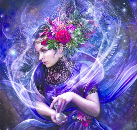 Fantasy girl - girl, luminos, pink, blue, fantasy, flower