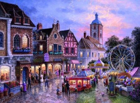 Funfair carnival - pictura, painting, city, peopel, art, funfair carnival