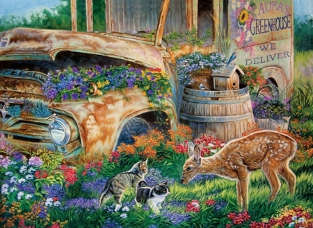 Wildlife - pictura, car, kitten, deer, painting, art, cat