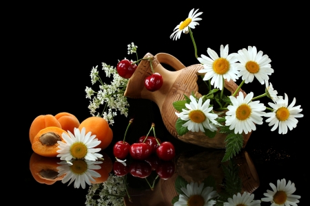 Still life with daisies and berries - pot, berries, still life, daisies