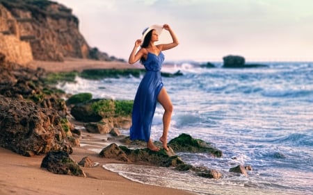 Blue Dress Girl at Coast - girl, blue, sea, model, dress, rocks, coast