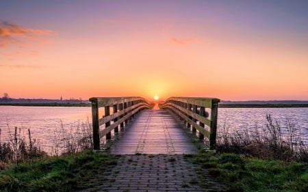 At The Lake - sky, sun, water, sunset, bridge