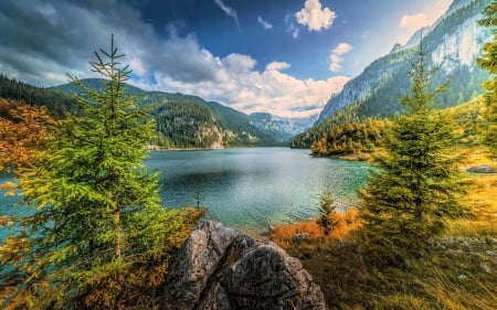 Lake in Austrian Alps - clouds, trees, mountains, sky