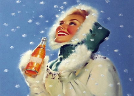 Winter Beauty Women - white, woman, soft drink, blue, snowflaces, hood, jacket