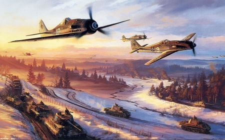 advancing to the battlefront - tanks, snow, planes, truck