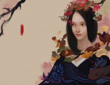 Girl - art, girl, asian, fantasy, flower