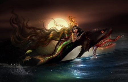 Little mermaid - girl, monster, summer, brietolga, fantasy, siren, creature, luminos, mermaid, fish