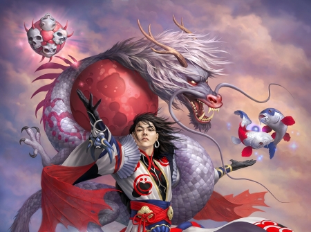 Susabi - man, onmyouji, rusvobodin, fantasy, dragon, red, koi, fish, susabi, luminos