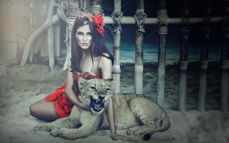 Beauty - woman, red, model, leu, girl, lion, big cat