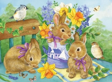 Bunnies, flowers and birds - easter, jane maday, bunny, spring, bird, painting, art, rabbit, flower