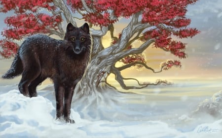 Wolf - red, animal, winter, iarna, lup, art, wolf, tree, painting, autumn